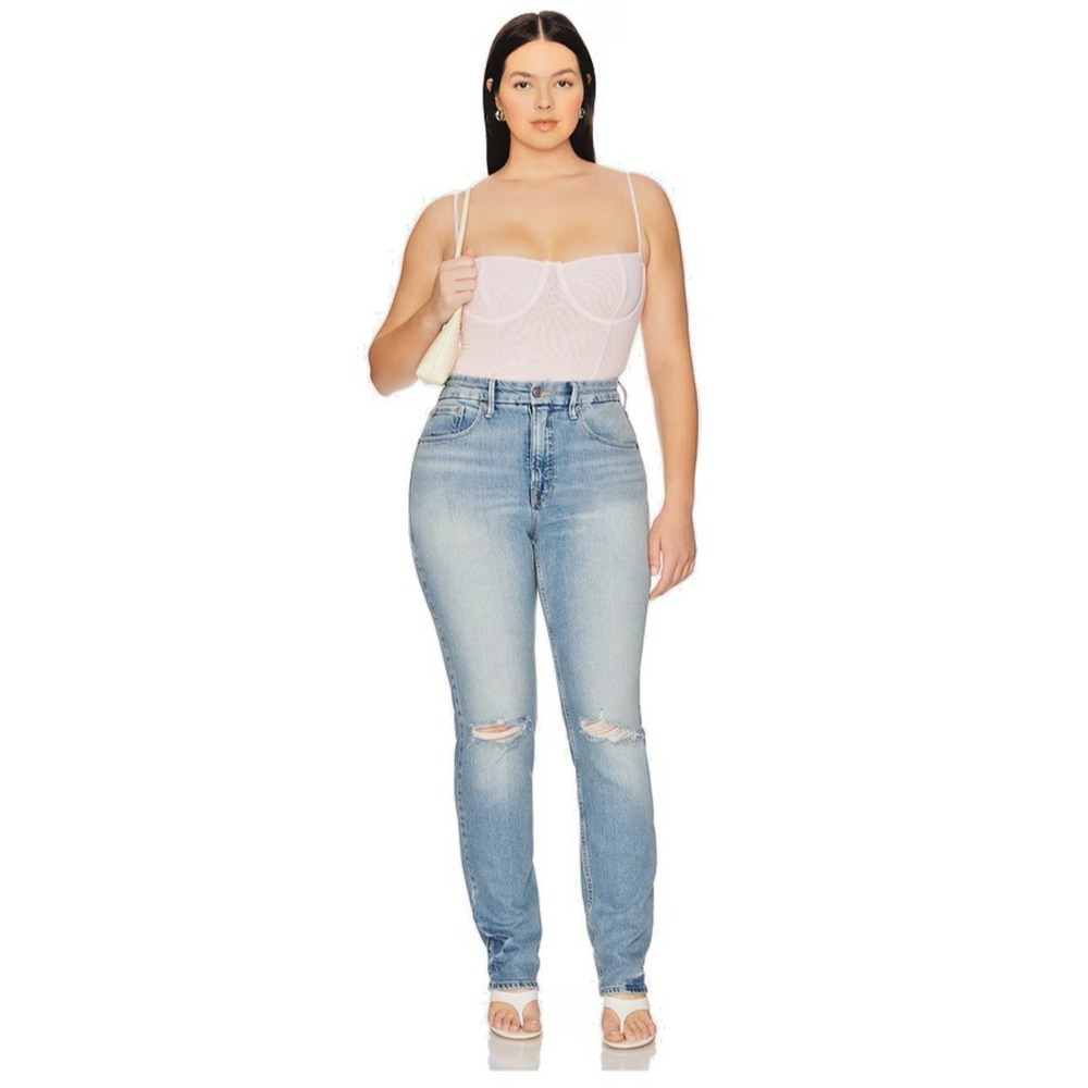 Good American 15 Plus Good Icon High Waist Ripped Straight Leg Jeans Indigo 870